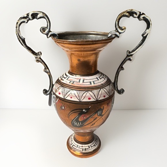 The Unbranded Brand Other - Vintage Hand Engraved Copper Greek Amphora Vase Made in Greece Twin Handle 6"